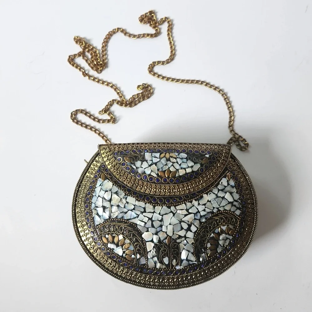 Vintage Handmade Brass Mother of Pearl Mosaic Crossbody Clutch Purse Bohemian
